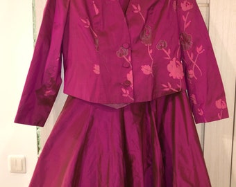 Fuchsia rosa Seide dreiteiliges Kleid Set / Natur Seidenrock Bluse und Jacke Set / Anlass Rock Jacke Set Hochzeit Party Outfit Elinette