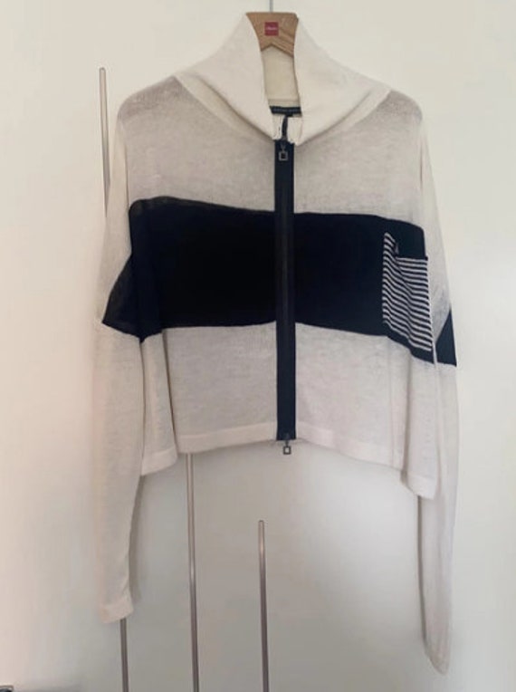 Sarah Pacini Lagenlook Oversized Crop Cardigan Knitwear Top Free Size Cream  Black Sweater Italian Designer Layering Clothing 