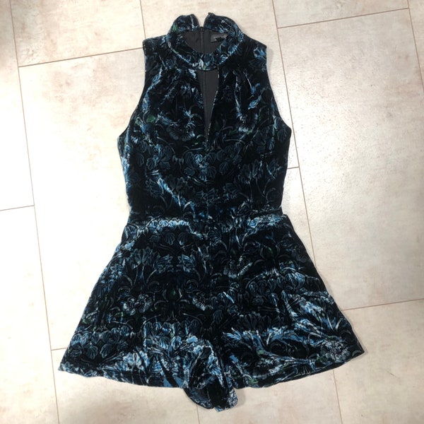 Topshop black blue velour Jumpsuit / size 8UK / party cut out jumpsuit / shorts halter neck top Eccentric shimmer evening mini dress