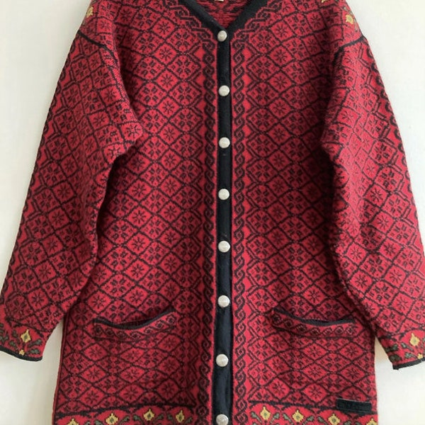 Gorgeous Norwegian Pure Wool Cardigan Sweater Nordic Fairisle / Dale Of Norway / Size M / Red Black Yellow Scandinavian Wool Knit