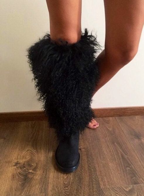 Black Lama Fur Long Leather Boots 