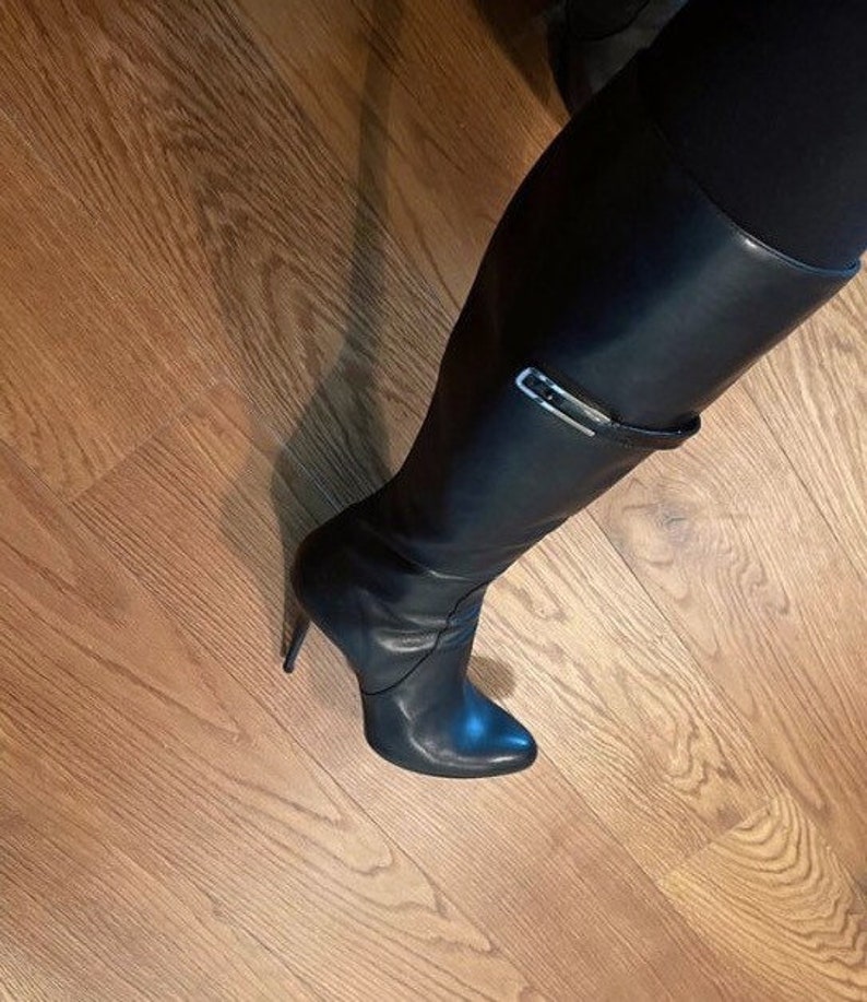 Italian black leather long boots stiletto boots / black leather stiletto long boots / long leather shoes / size 38.5 EU image 2