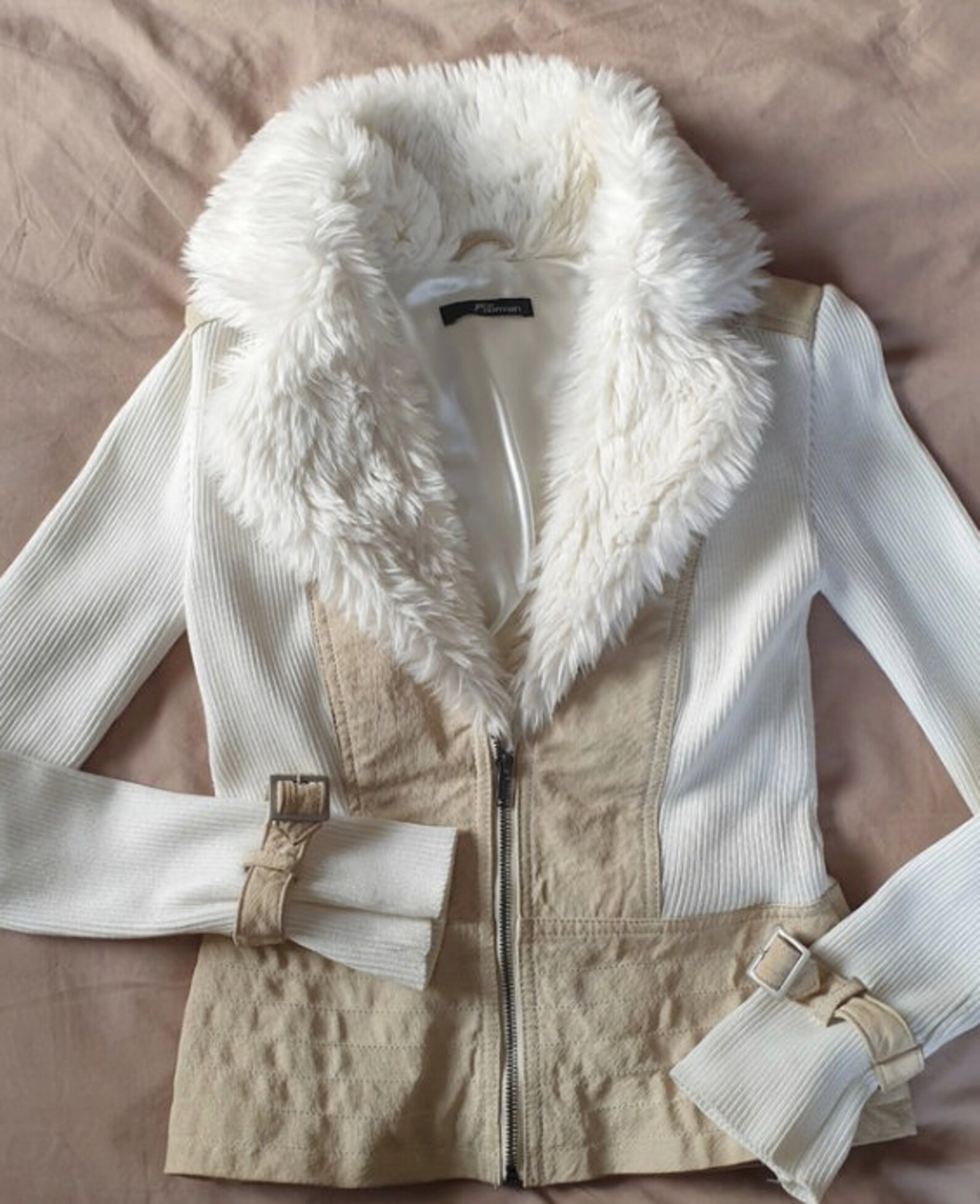 Y2K vintage 90s Jane Norman white fur and tan leather jacket / Etsy