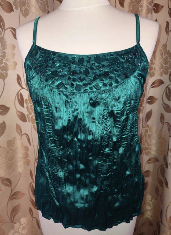 Emerald Green Crinkle Satin Silk Effect Camisole Top / New Look Size M /  Silky Green Summer Top / Pleats Effect Silky Blouse -  Canada