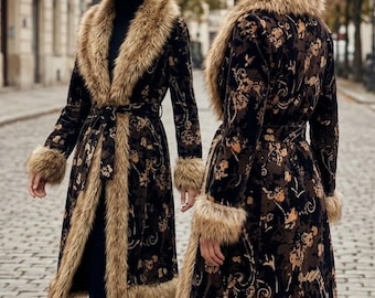 May include: A long, black coat featuring a brown floral pattern, a wide faux fur collar, and faux fur cuffs. The coat includes a matching fabric tie belt at the waist and a hemline trimmed with faux fur, worn over dark trousers.