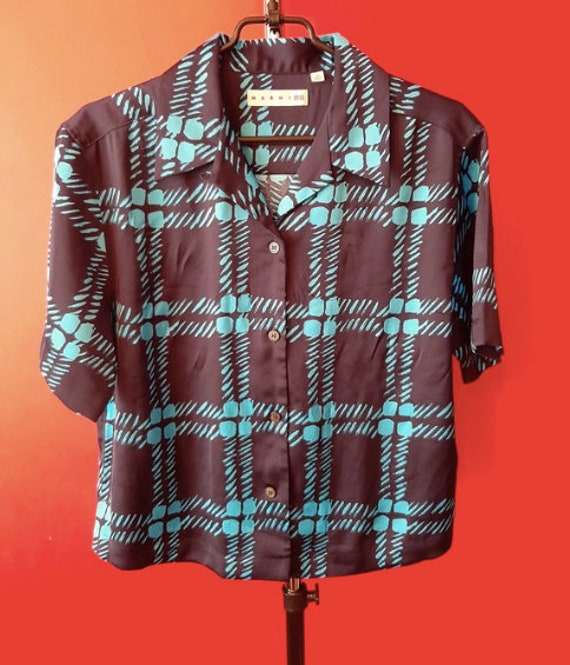 Marni navy satin abstract shirt blouse top / size 