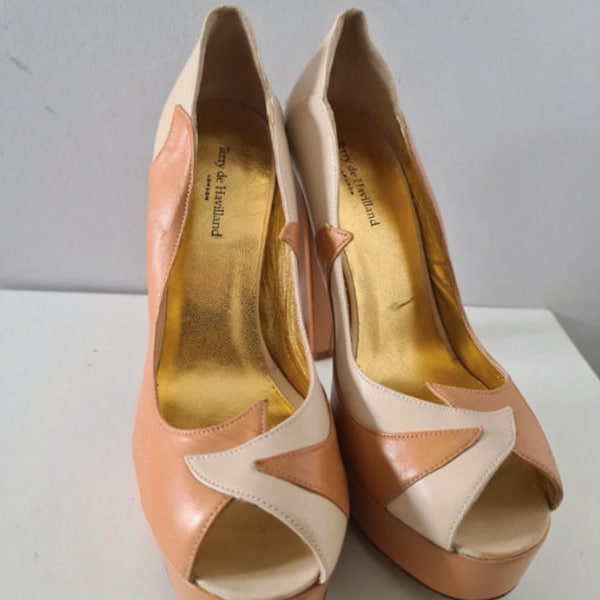 Années 1970 Inspiré Terry de Havilland Camel et Beige Cuir Plate-forme Talons Chaussures / 38EU 5UK / chaussures vintage, style vintage, plates-formes vintage