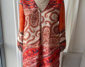Vintage Zara Silky Orange Pink Paisley dress / size S / silky dress tunic