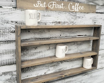 Farmhouse Coffee Mug Rack: XL Wood Display Shelf with Sign