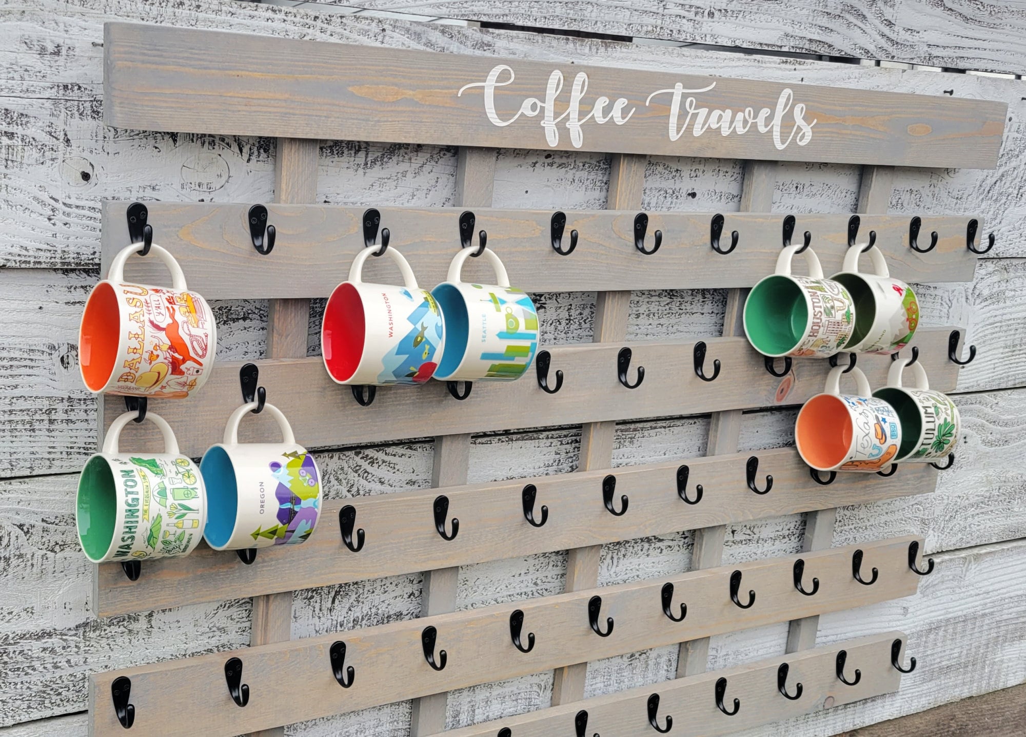 Large Coffee Mug Rack: 'you Are Here' Collection Display, 10 Hooks - Etsy