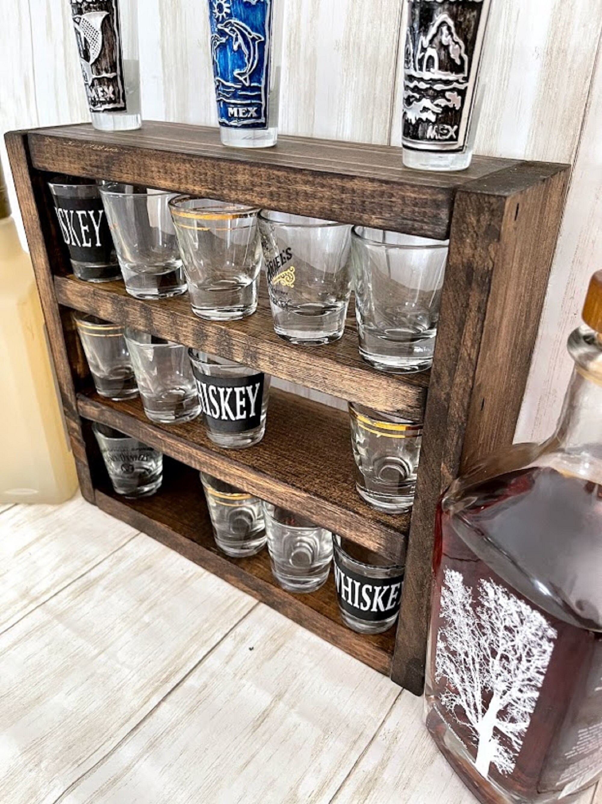 Présentoir à Verres à Vin En Bois 5 Niveaux - Support Rangement Bar, Cuisine, Avec Déflecteur Acrylique - 3