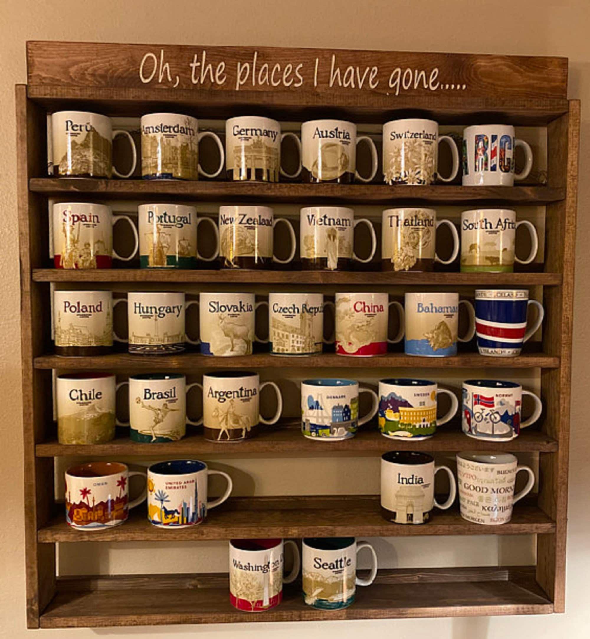 Wood Coffee Cup Shelf for 16 to 48 Mugs Been There Mug Collection Display