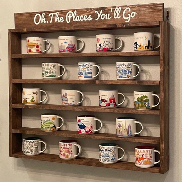 You Are Here Mug Rack - Been There Coffee Mug Rack - Xlarge Coffee Rack Shelf - XL You Are Here Mug Collection Display Shelf With Sign