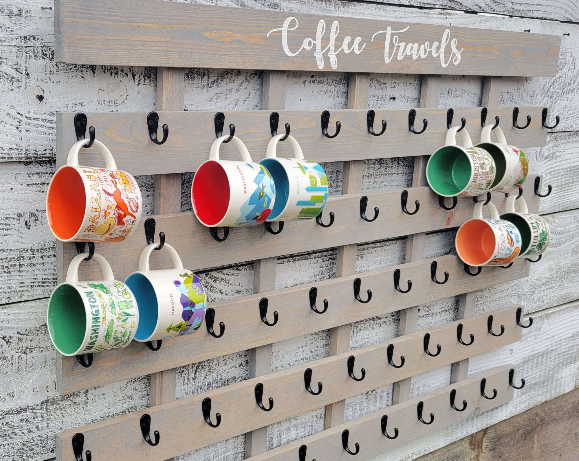 Large Coffee Mug Rack: 'You Are Here' Collection Display, 10 Hooks
