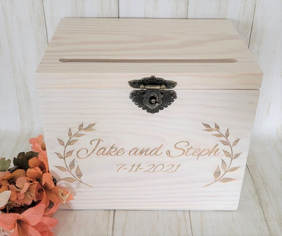 Personalized Wedding Card Box Rustic Card Holder with Slot Wedding Keepsake  Box Lockable