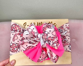 Head Wrap Baby Shredded Pom Hair bow  | Infant Baby Hair bow Pink Disco Trendy Western Head Wrap