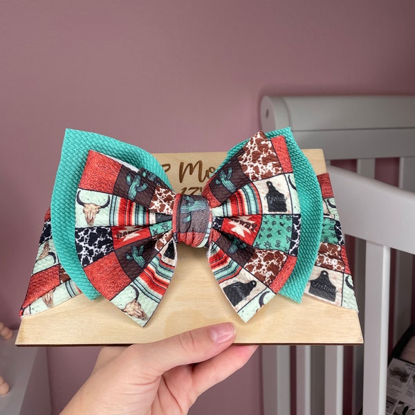 Head Wrap Baby Hair bow  | Infant Baby Hairbow YeeHaw Western Turquoise Single Bow Head Wrap