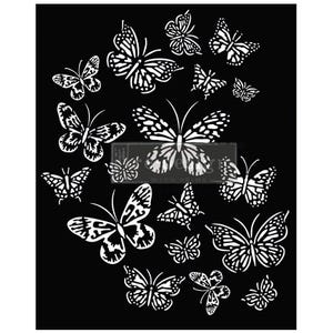 May include: Black and white stencil featuring a design of multiple butterflies of various sizes. The butterflies are arranged in a circular pattern on a black background.