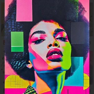 May include: A vibrant pop art portrait featuring a person with a large afro hairstyle, rendered in bold neon colours including pink, blue, green, and yellow. The composition incorporates geometric colour blocks and layered rectangular paper elements.