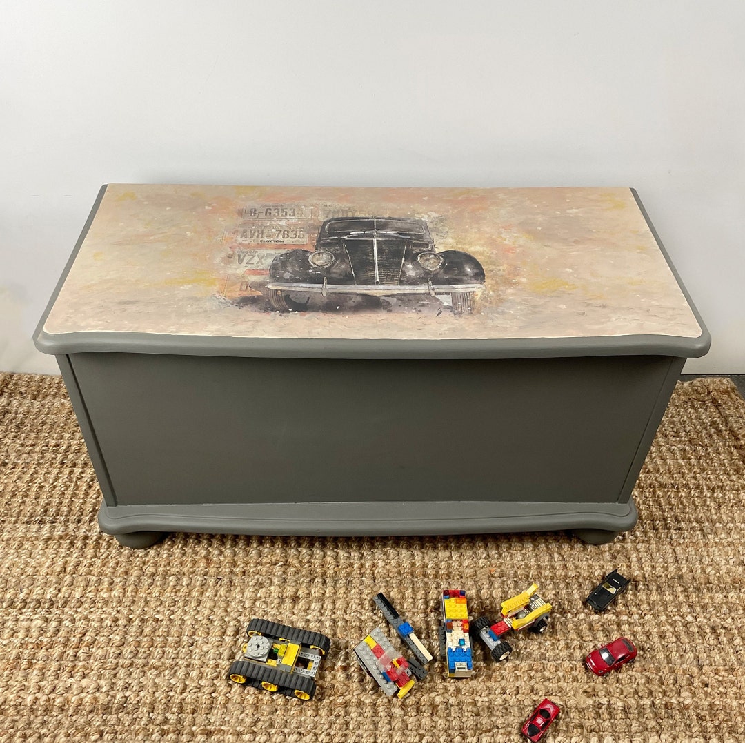Vintage Toy Box With Hinged Lift up Lid, Car Design Vintage Pine