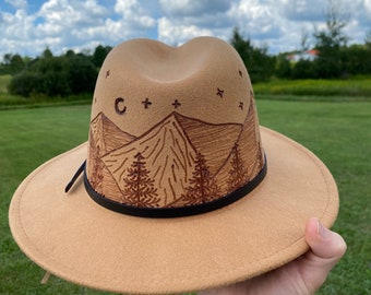 Mountain Scape Burned Fedora Hat - Hiking Travel Gift Wear Fall Season Photography Adventure