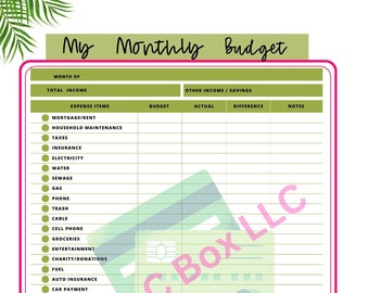May include: A green and white printable budget tracker with a green and white credit card graphic. The tracker includes sections for monthly income, expense items, other income/savings, budget, actual, difference, and notes.