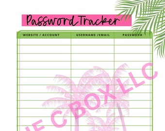 May include: A printable password tracker with a tropical theme. The tracker has columns for website, username, and password. The background features pink palm trees on a white background.