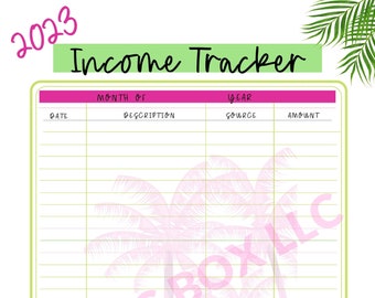 May include: A printable income tracker for 2023 with a tropical theme. The tracker has columns for date, description, year, source, and amount. The background features a pink and white palm tree design.