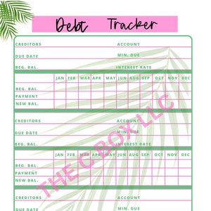 May include: A printable debt tracker with a tropical leaf design. The tracker has sections for creditors, due date, beginning balance, payment, and new balance. It also has sections for account, minimum due, and interest rate. The tracker is divided into months from January to December.