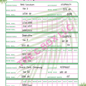 May include: A green and pink printable debt tracker with a tropical leaf design. The tracker includes sections for creditors, due date, beginning balance, payment, and new balance. The tracker also includes sections for account number, minimum due, and interest rate.
