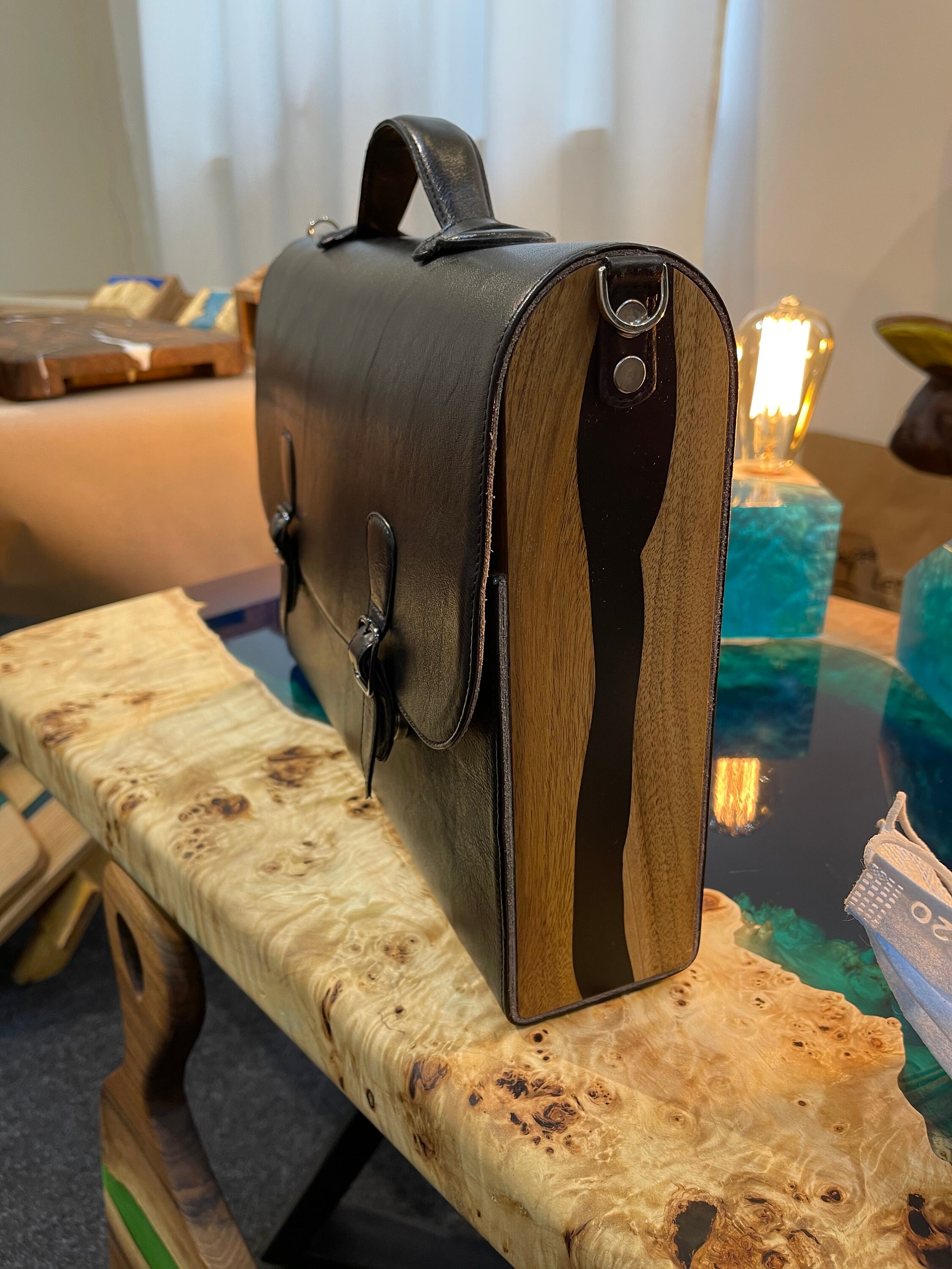 Men's briefcase Leather Wood Briefcase with Epoxy Resin Etsy