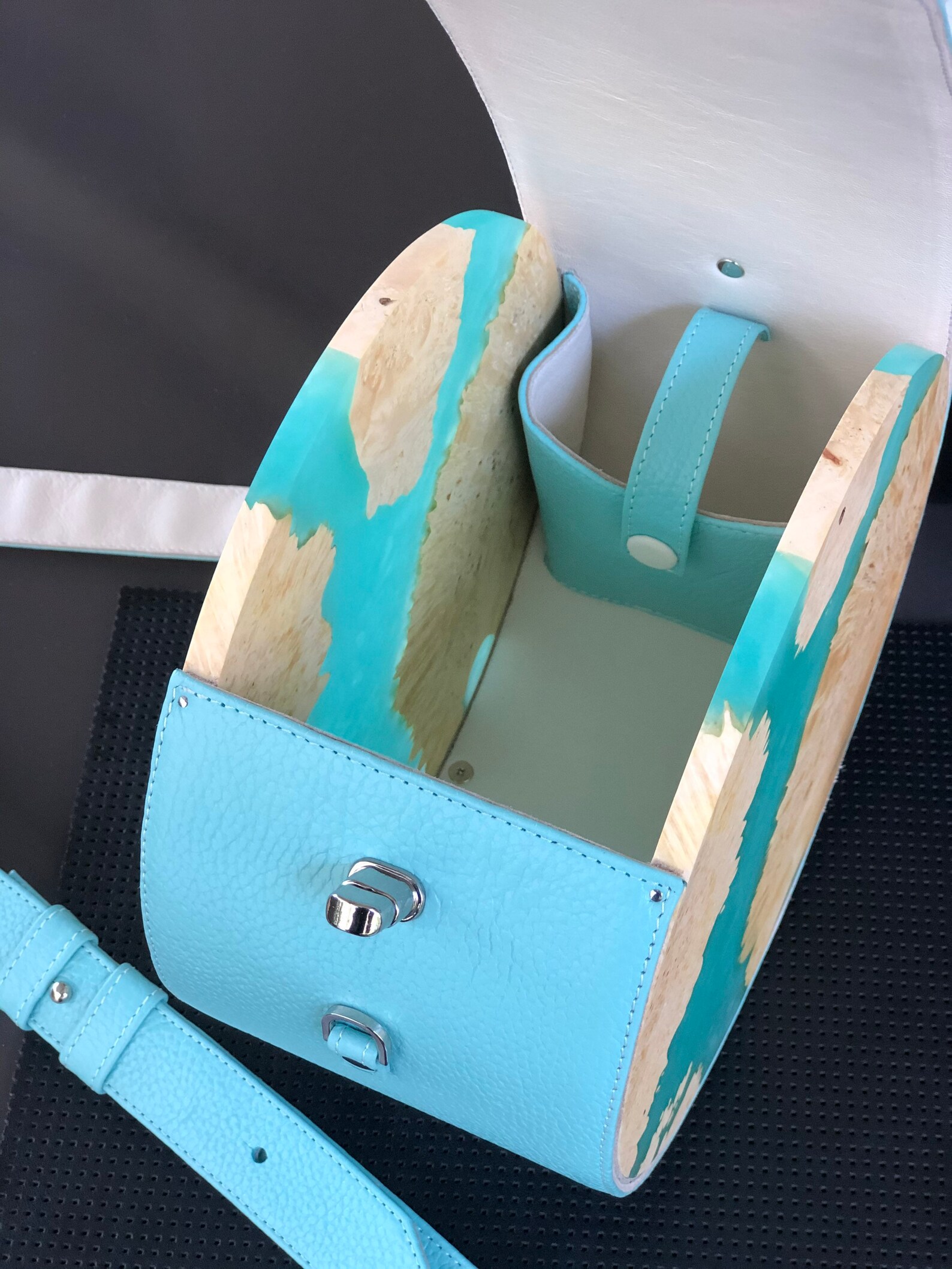 Bag round leather bag with wood and epoxy resin bags leather Etsy