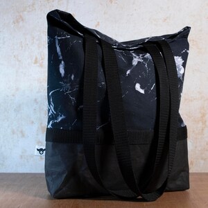 chic shopping bag made of black and white marbled cotton canvas with black wash paper and black webbing for women and men