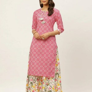 Kurta-set van 100% puur katoen | Handblok bedrukt | Jubileumcadeau | Dameskurti | Designerjurk | Cadeau voor zus | Indiase etnische jurk