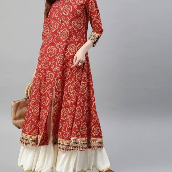 Kurti | Plus Size Kurti For Women | Cotton Kurti | Red & Cream Printed Anarkali Kurta | Women Festive Party Wear | Indian Ethnic Dress