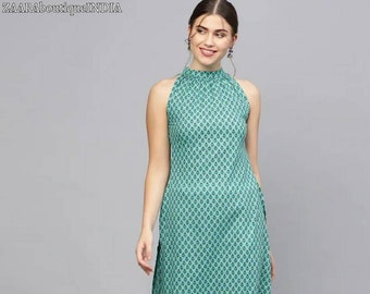 Kurta Dam | Grön & Blå Bomullskurta För Damer | Handtryckt Kurta | Ärmlös Kurta | Present Till Henne | Maskintvätt | Indisk Klänning | 3XL