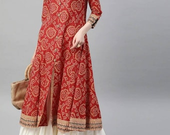Kurti | Plus Size Kurti For Women | Cotton Kurti | Red & Cream Printed Anarkali Kurta | Women Festive Party Wear | Indian Ethnic Dress