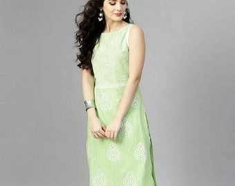 Kurta Women | Mint Green Cotton Kurti For Women | Hand Printed Kurti | Sleeveless Kurti | Gift For Her | Machine-Wash | Indian Ethnic Dress