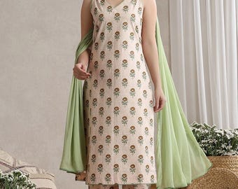 Conjunto de kurta y palazzo para mujer y niña, sin mangas, estampado crema, regalo para hermanas y mujeres, vestido étnico indio.