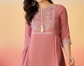 Tunics For Women - Pink Embroidered Silk Kurti Top - Short Kurta -  Indian Tunics - Indian Top Tees Women - Ethnic Short Kurti XS