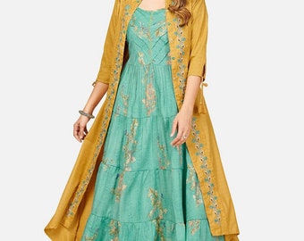 Kurta With Ethnic Jacket | Anarkali Silk Kurti For Women | Green & Yellow Printed A-line Kurta | Women Festive Party Wear | Indian Dress