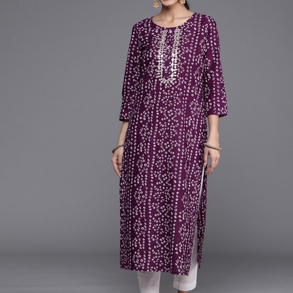 Cotton Kurti For Women - Purple & White Bandhani Printed Kurta - Indian Dress For Women - Summer Wear - Gift For Her - Top Tunic Ethnic Wear