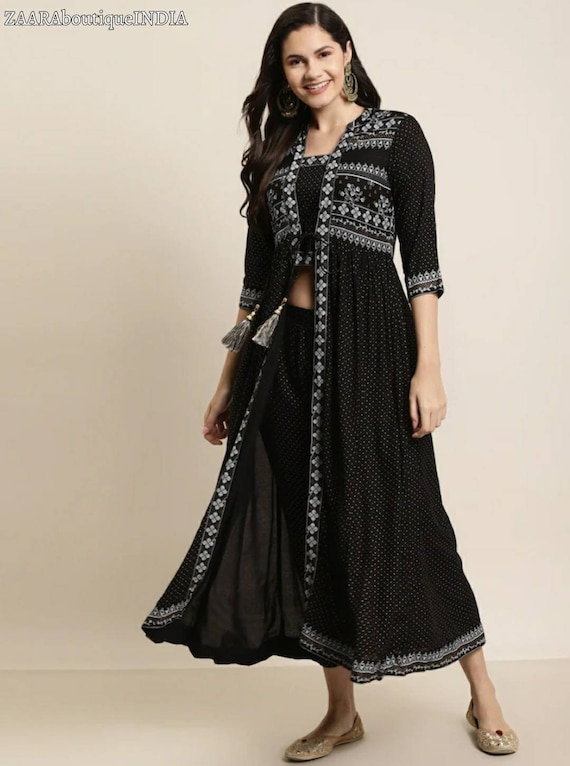 Anarkali Kurta Sets for Women Black Motifs Printed Layered Jacket Style Kurti With Trousers Indian Ethnic Wear Pakistani Salwar Suit Etsy