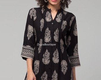 Kurtis Tunic For Women - Black Motifs Printed Top For Women -  Short Kurti Dress - Summer Wear - Indian Ethnic Top For Women - Boho Top