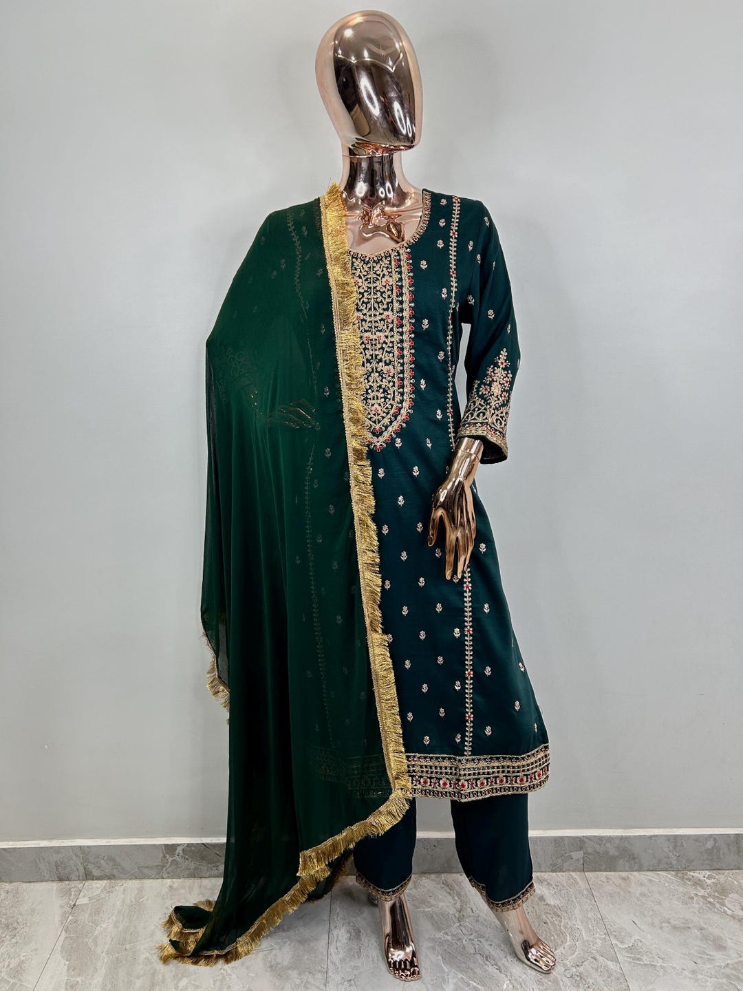 Green - Slub Silk Embroidered Plain Kurta Set (Set of 3) 15 main image 1