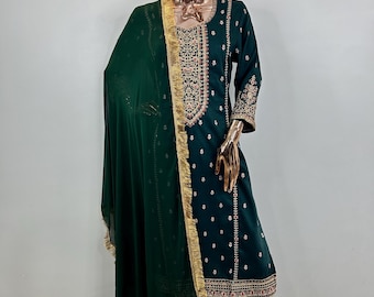 Silk Kurta Sets For Women - Green Embroidered Silk Blend Kurta With Trousers & Dupatta - Indian Party Wear Dress - Kurta With Palazzos Women