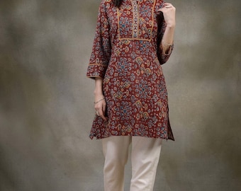 Kurtis For Women - Rust Motifs Printed Mirror Work Kurti Top For Women - Tunic Top - Summer Tops and Tees - Indian Ethnic Kurti To