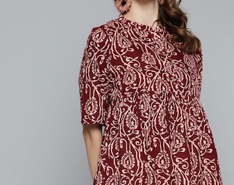 Kurtis pour femme - hauts kurti trapèze imprimés bordeaux et roses - kurta court - tuniques indiennes - haut d'été t-shirts pour femme - haut ethnique