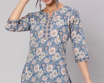 100% Pure Cotton Kurti For Women - Tunics For Women - Indian Ethnic Tops - Boho Hippie Tops Tees T-shirt - Summer Tops Women - Short Kurta