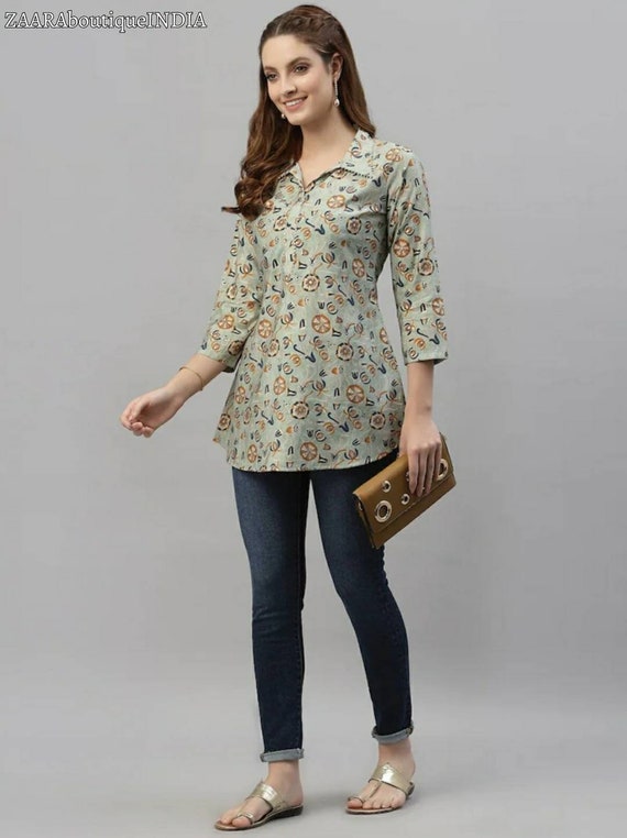 Women's Beautiful Floral Printed Silk Kurti Tunic Top in Khaki Women's Beautiful Floral Printed Silk Kurti Tunic Top in Khaki